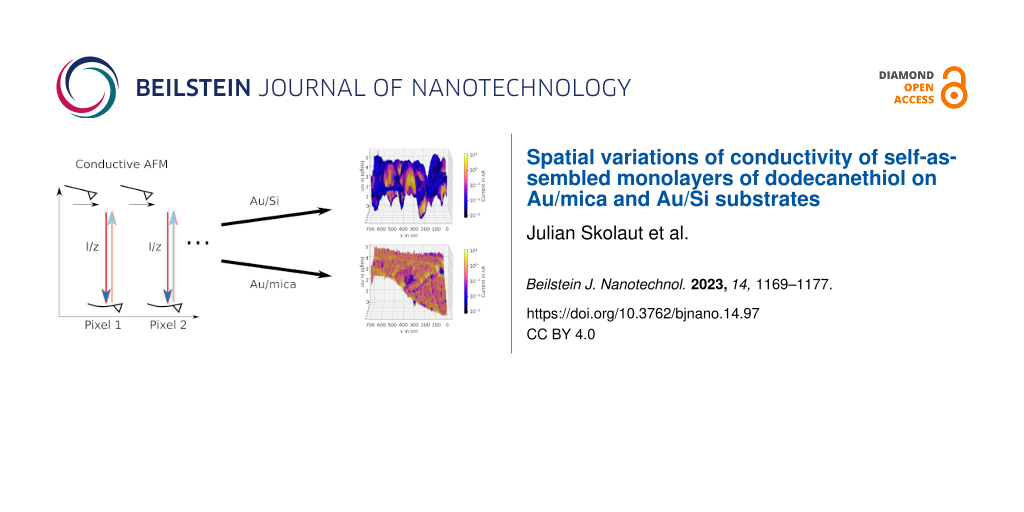 Spatial variations of conductivity of self-assembled monolayers of dodecanethiol on Au/mica and Au/Si substrates