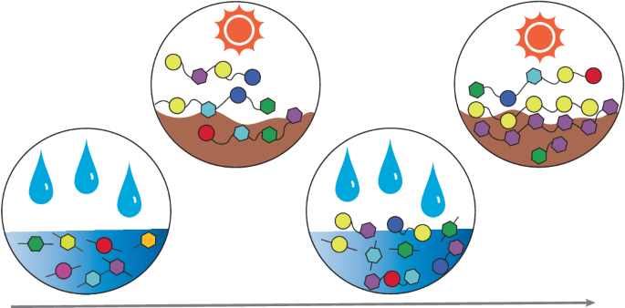 Evolution of complex chemical mixtures reveals combinatorial compression and population synchronicity