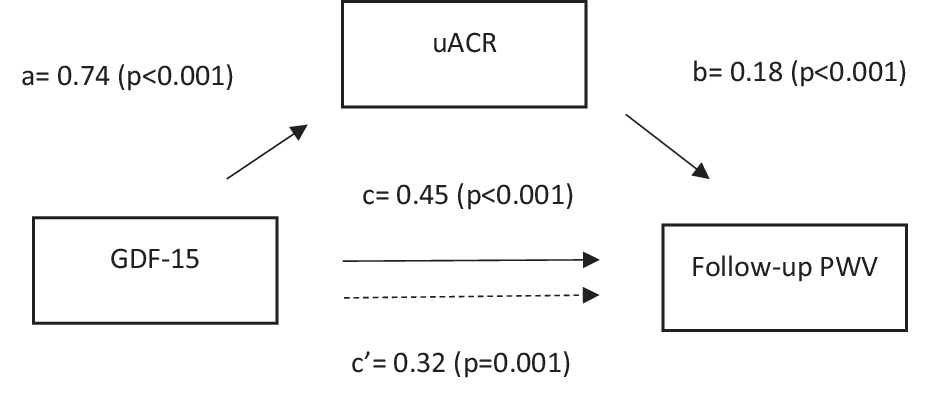 Growth-differentiation factor 15 (GDF-15) is associated with arterial stiffness and impaired endothelial function with mediation by albuminuria in the Singapore study of macroangiopathy and microvascular reactivity in type 2 diabetes (SMART2D) cohort