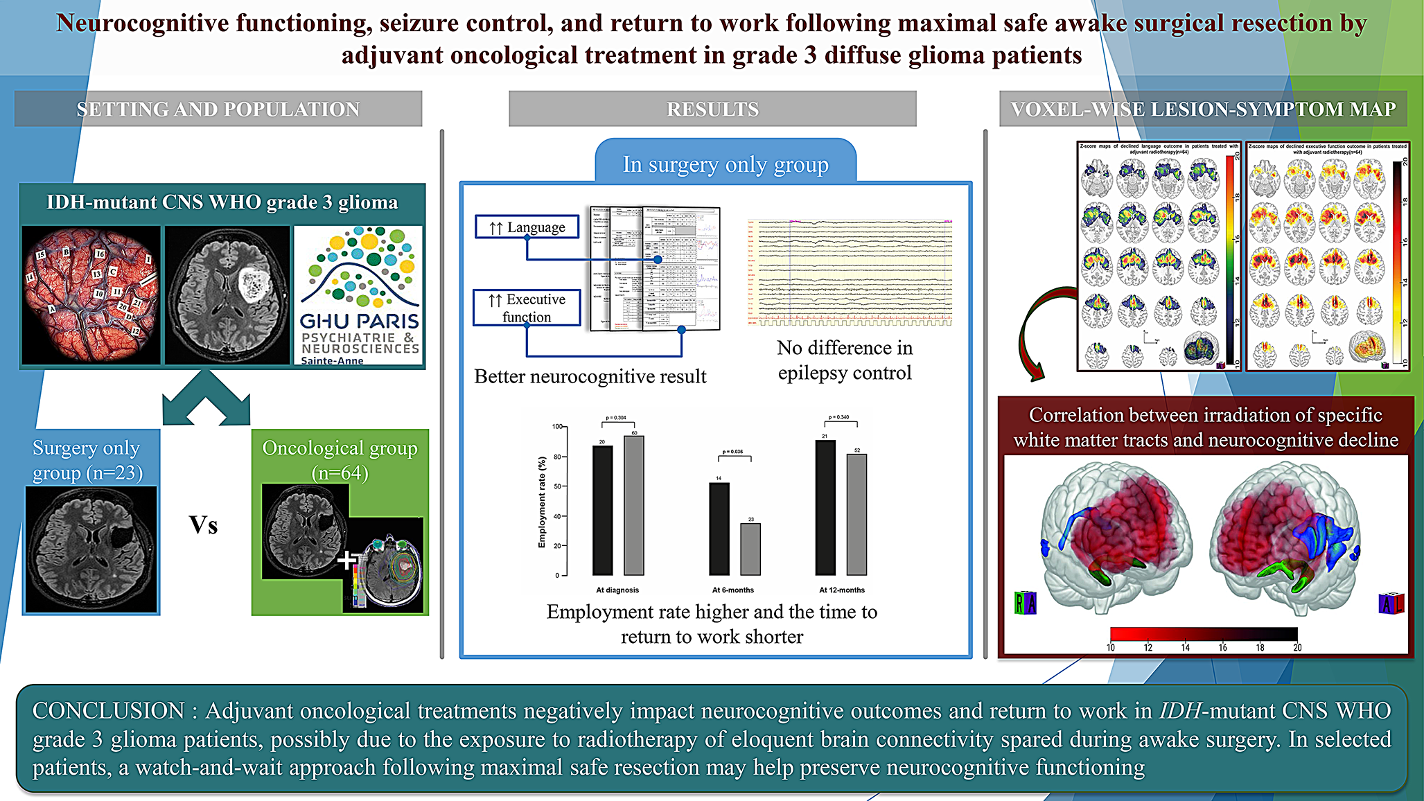 Neurocognitive functioning, seizure control, and return to work after awake surgery with or without adjuvant therapy in -mutant grade 3 diffuse gliomas