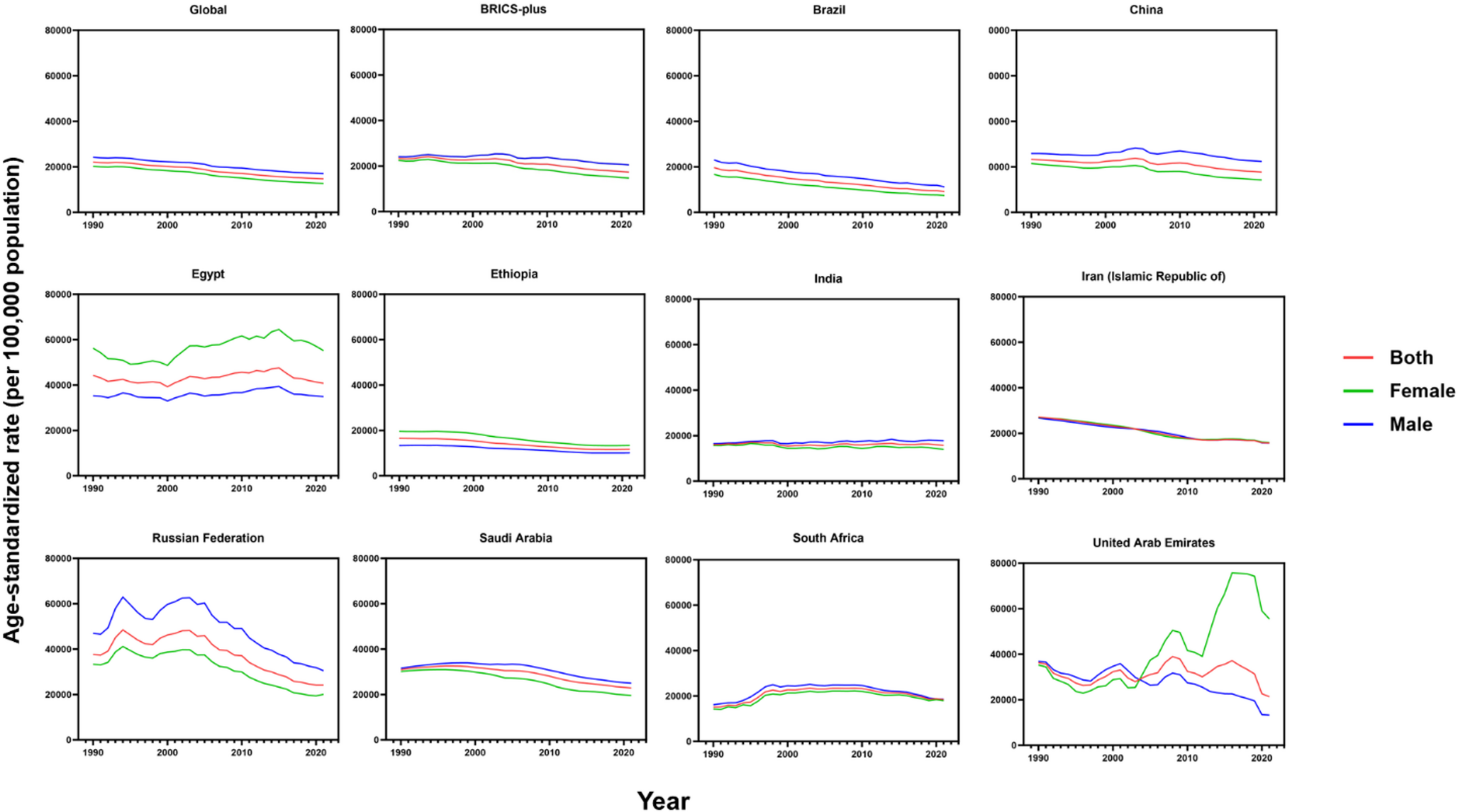 Burden of Cardiovascular Diseases Attributable to Hypertension in Population Aged 60 Years or Older from 1990 to 2040 across BRICS-plus Countries (Egypt, Ethiopia, Iran, Saudi Arabia, United Arab Emirates, Brazil, Russia, India, China, and South Africa)