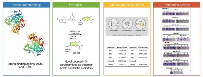 Design, synthesis, biological evaluation, and in silico analysis of novel coumarin carboxamides as acetylcholinesterase and butyrylcholinesterase inhibitors and anticancer agents