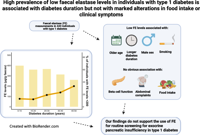 High prevalence of low faecal elastase levels in individuals with type 1 diabetes is associated with diabetes duration but not with marked alterations in food intake or clinical symptoms